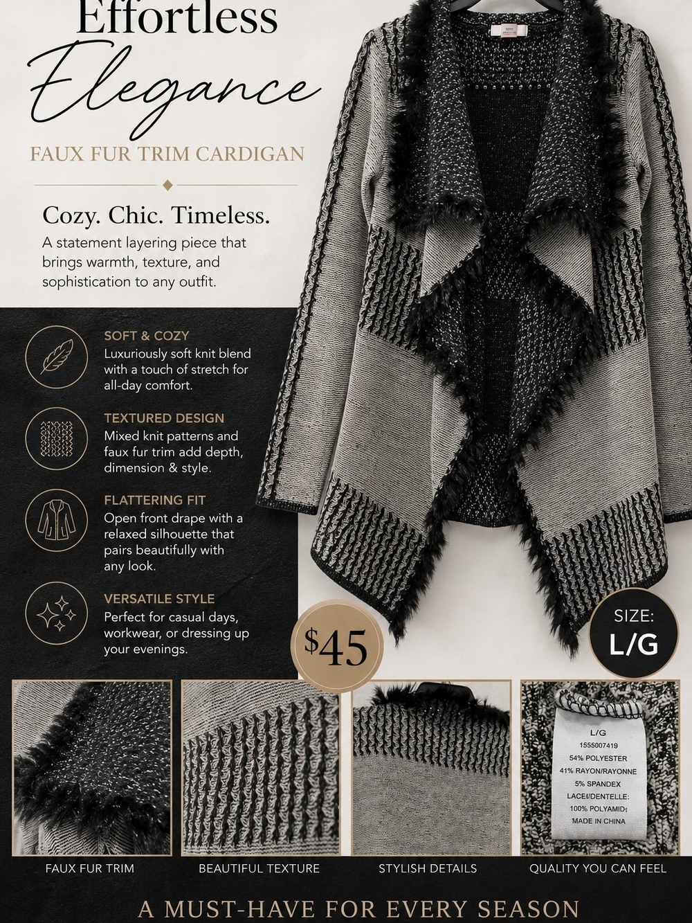 Effortless Elegance Faux Fur Trim Cardigan - Black & Gray